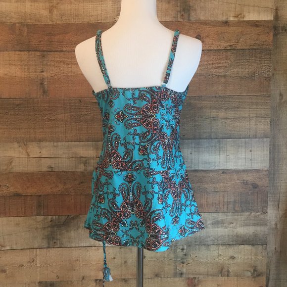 Turquoise Paisley Print Tankini Size L Asymmetric Ruched Side Top Bikini Bottom - Picture 3 of 8